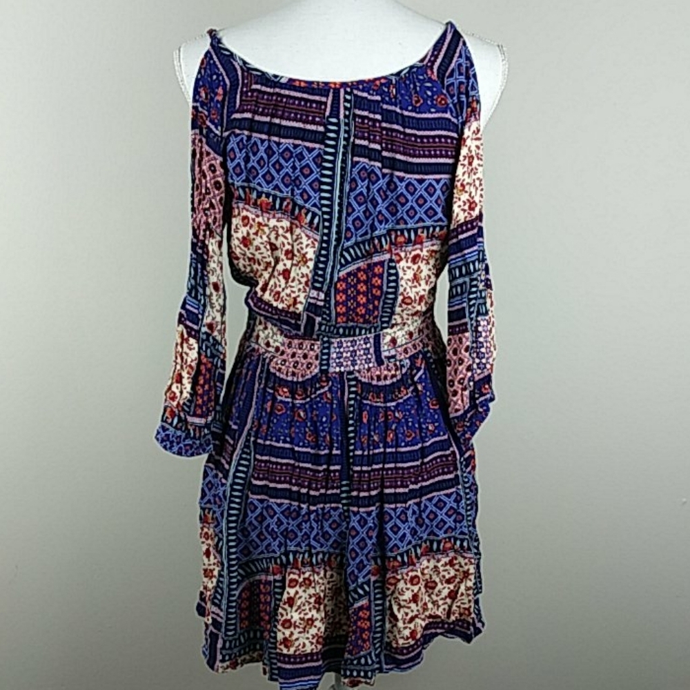 Aeo Patchwork Style Boho Cold Shoulder Dress Sz Xs - image 3